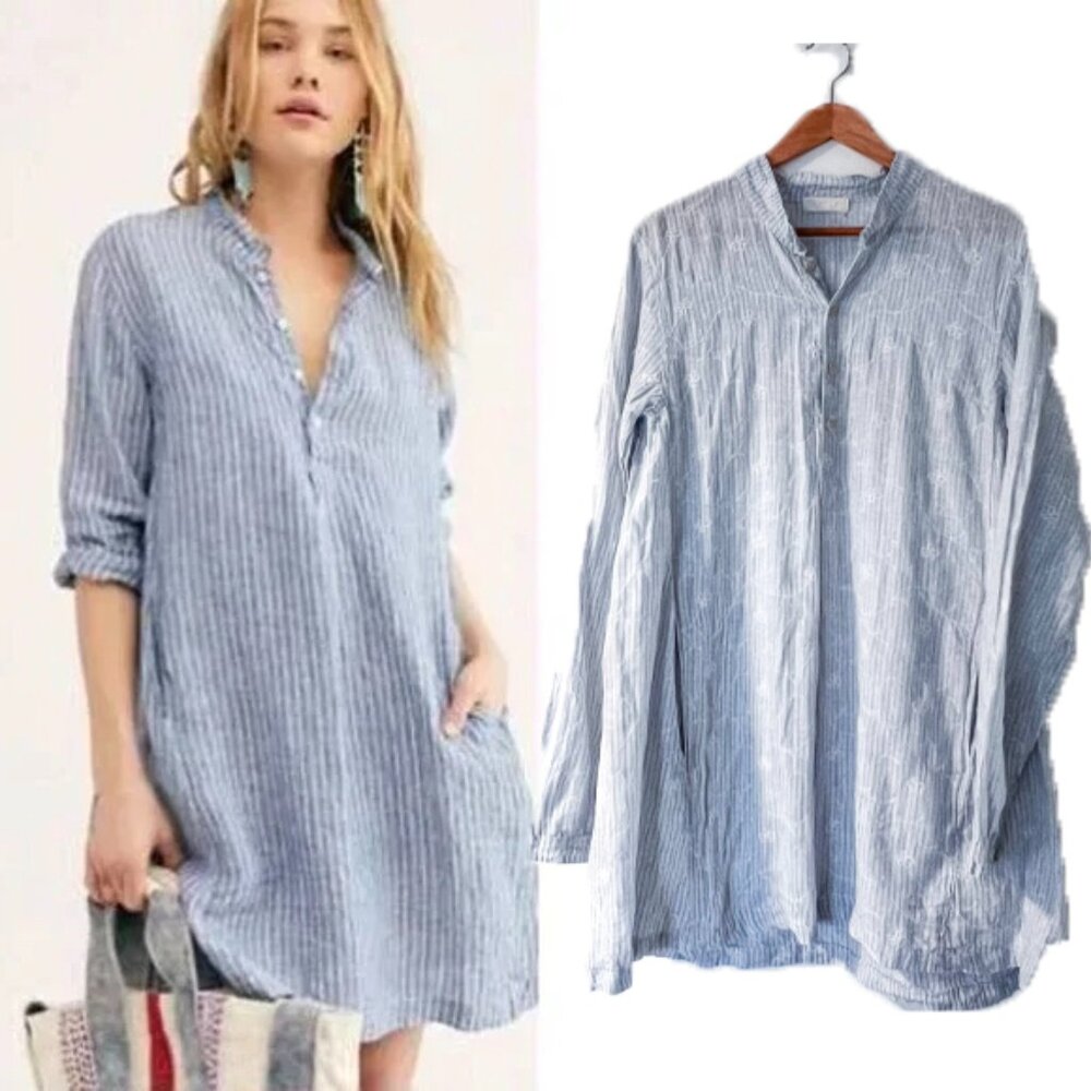 CP Shades embroidered “Jasmine” dress 100% linen tunic pockets stripes Small